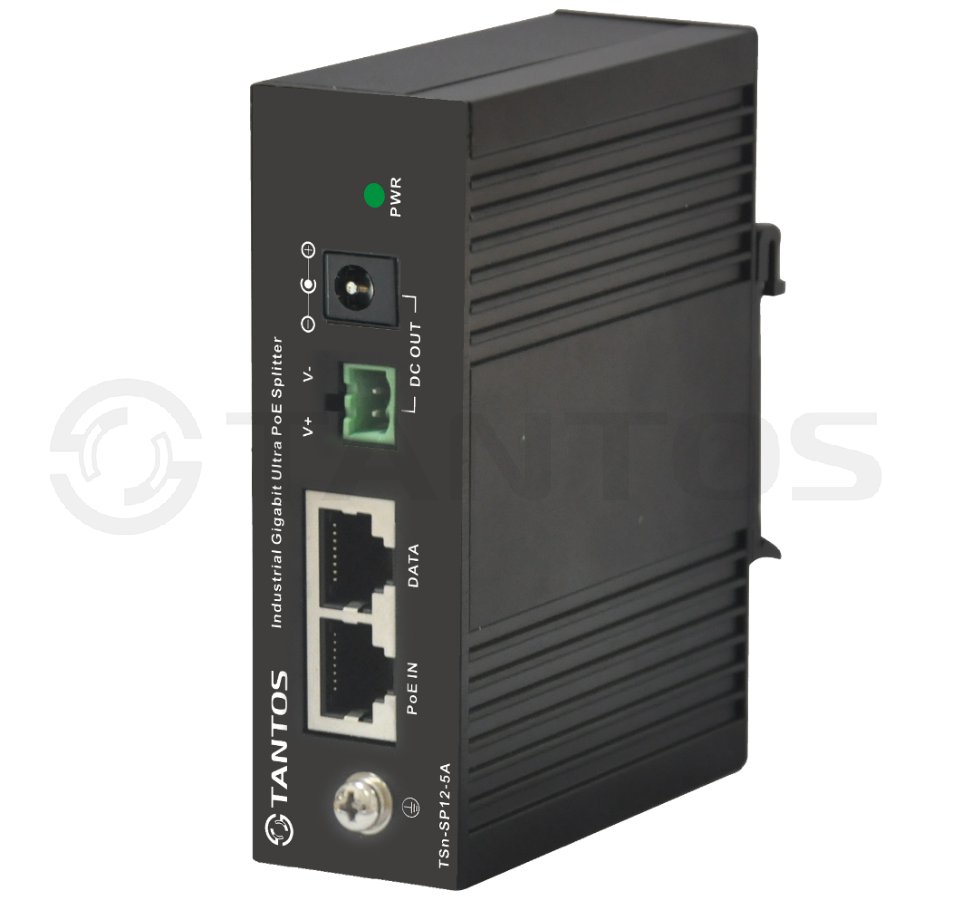 Tantos TSn-SP12-5A Одноканальный гигабитный 10/100/1000Mб/с IEEE802.3af PoE-сплиттер в индустриальном исполнении для питания IP-устройств, которые не поддерживают PoE. Вход:48В, Выход:12В/4.5A
