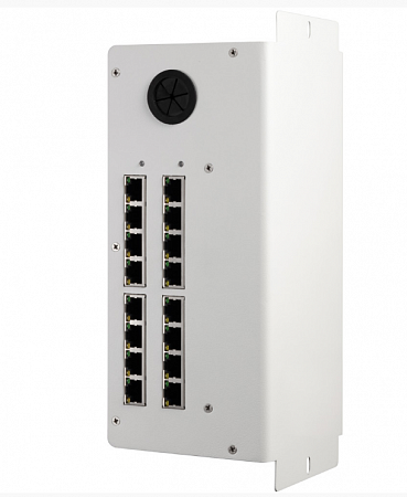 HikVision DS-KAD612 PoE-коммутатор оборудован 16 портами RJ-45 10/100 Мб/с. 12 каналов для передачи данных и питания по витой паре и 4-канальное каскадирование LAN. Встроенный стабилизатор напряжения.